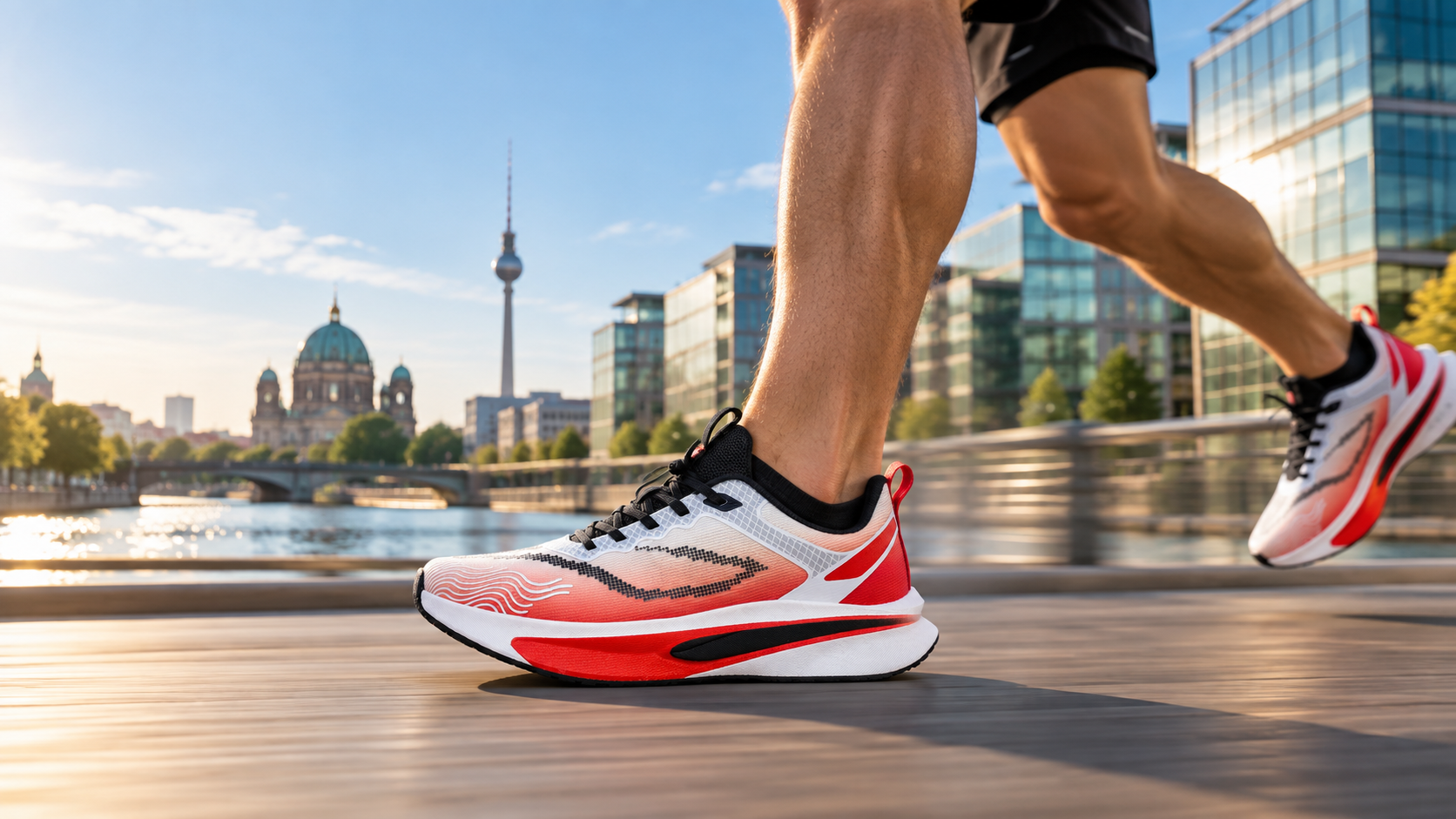 Female runner wearing model 2293 red and white thick-sole running shoes in Berlin