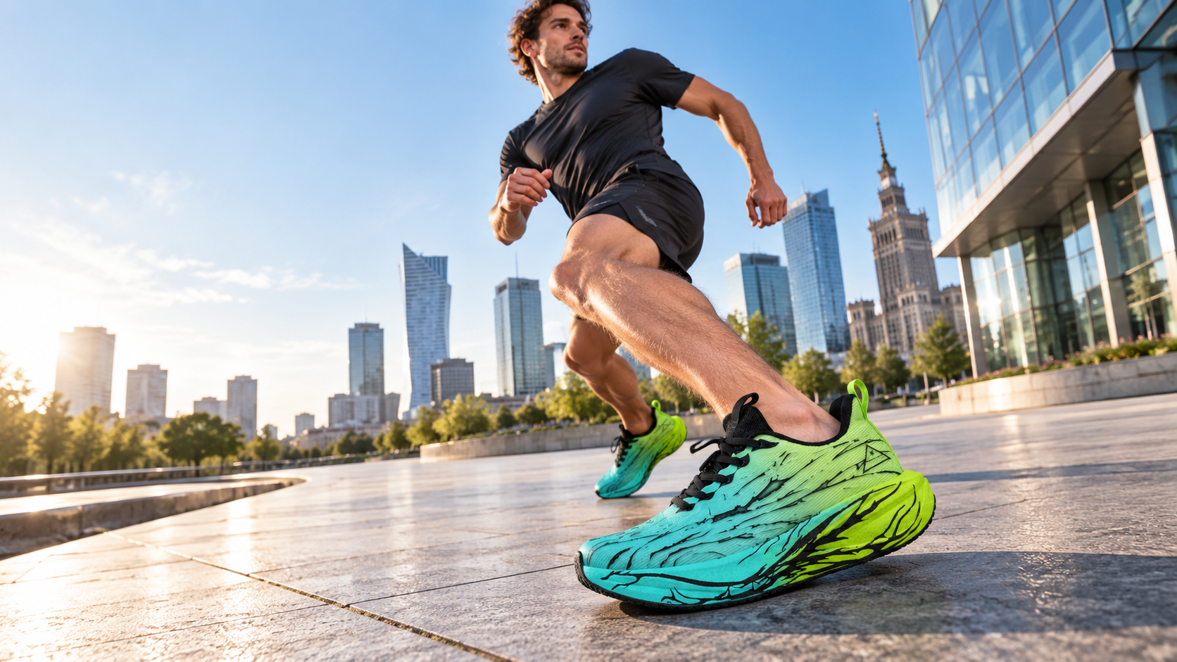Male runner wearing model 2275 green gradient extra-thick running shoes in Warsaw