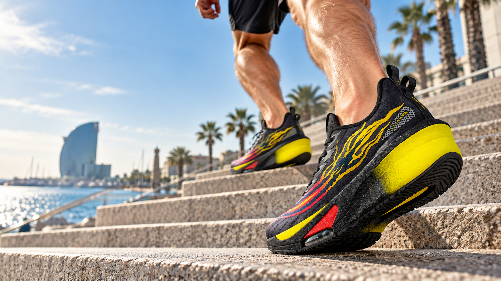 Male runner wearing model 2281 black and yellow air-cushion thick-sole shoes in Barcelona