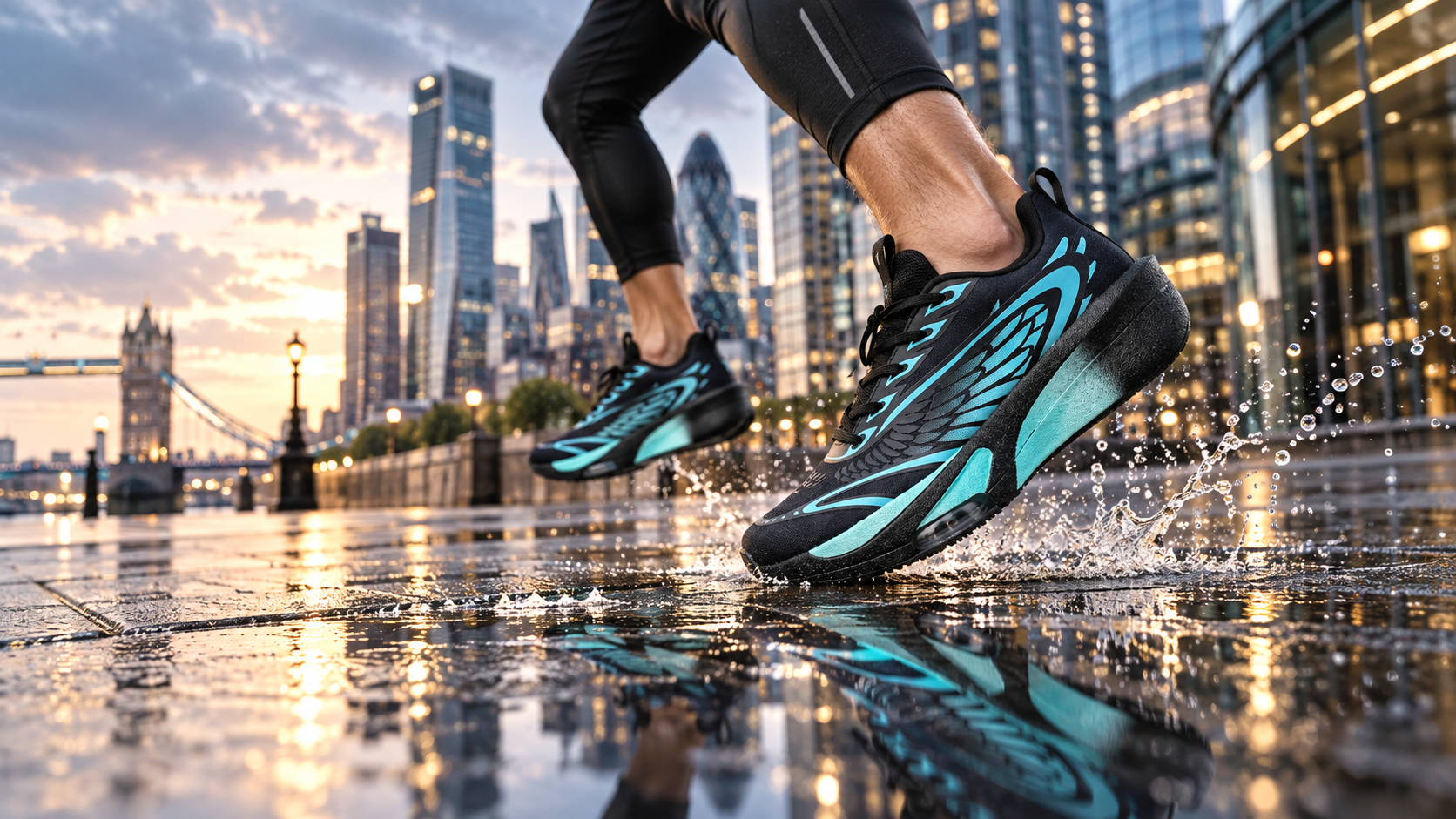 Female runner wearing model 2280 black and cyan thick-sole running shoes on a wet London riverside