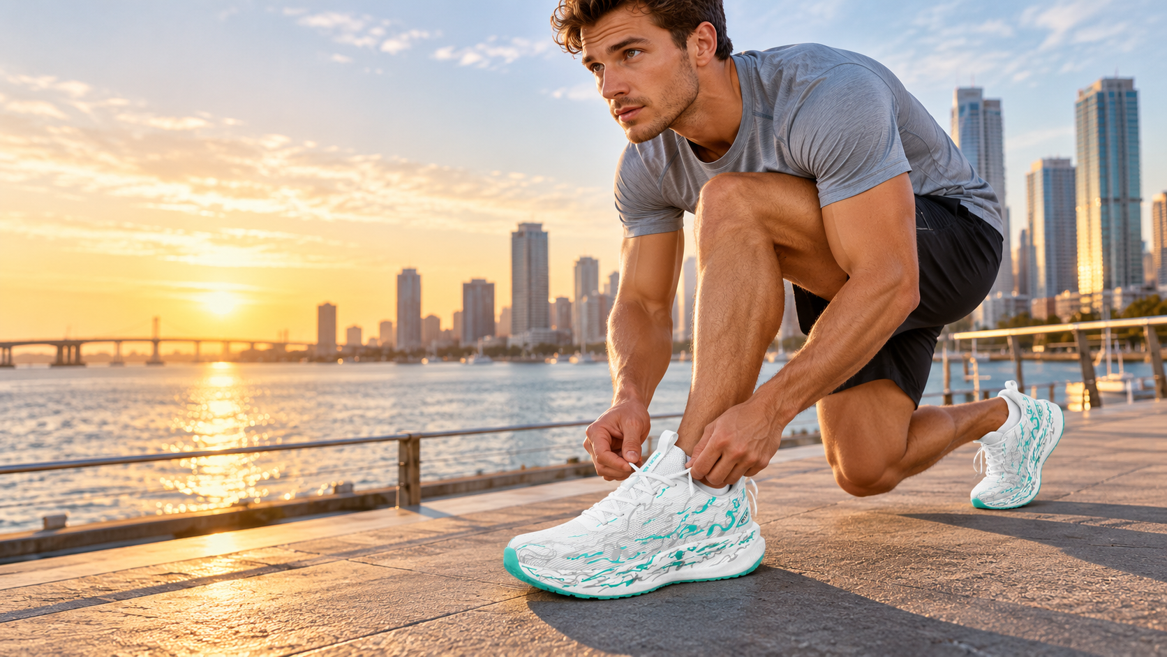 Male runner wearing model M26015 thick-sole running shoes on an American city waterfront